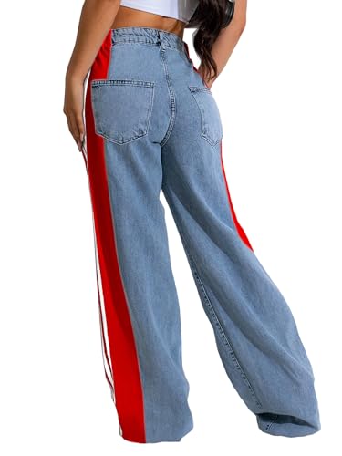 Conshvi Womens Baggy Wide Leg Jeans High Waisted Patchwork Jeans Stretchy Stripes Straight Leg Denim Pants4