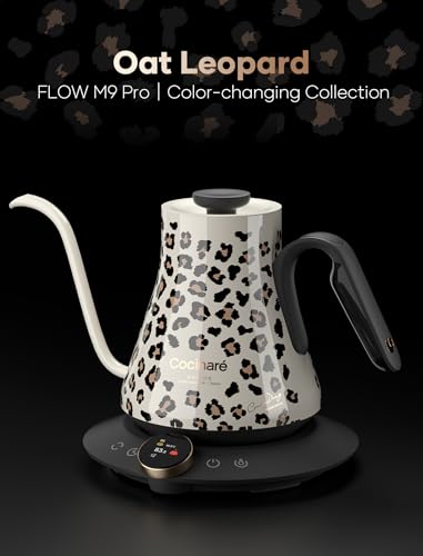 Image of Cocinare Gooseneck Electric Kettle, ±0.5F Precise Temperature Control, 1500W Fast Heating, Pour-Over Coffee & Tea, Stainless Steel, 0.9L (Color-changing Oat Leopard Design)