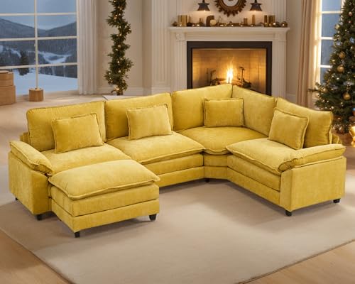 OQQOEE 112' Oversized Modular Sectional Sofa U-Shaped Corner Cloud Couch with Ottoman, Convertible Deep Seat Chenille Couch for Living Room, Spacious Space (Yellow, 4 Seater)