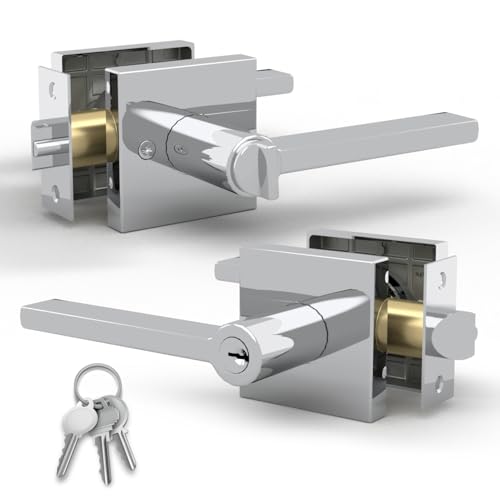 Image of Mega Handles - Prime Entrance Handle, Entry Lever Door Handle, Heavy Duty Square Locking Lever Set for Left or Right-Handed Doors, Interior /Exterior Door Levers - Polished Chrome