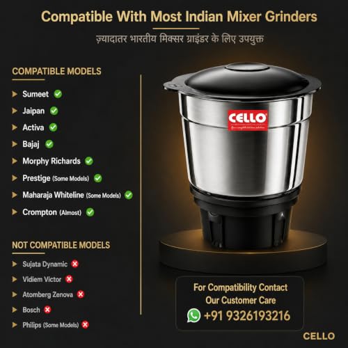 Image of CELLO Stainless Steel Chutney Jar 400ml for Mixer Grinder | Leak-Proof Lid | Food-Grade SS Body | 4 Teeth Compatible | Heavy Duty Grinding Jar for Chutney, Masala & Spices