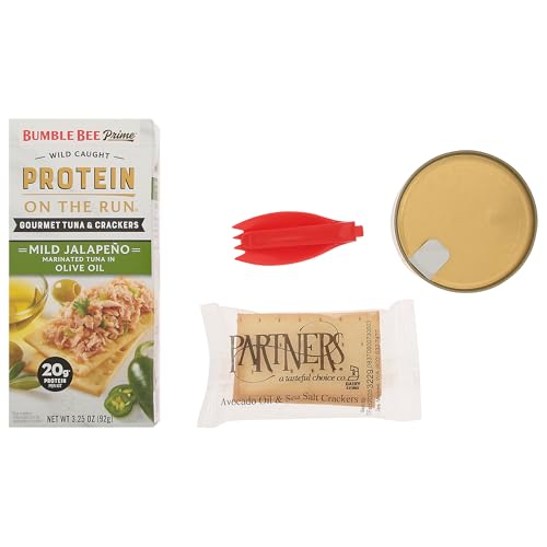 Image of Bumble Bee Prime Protein on the Run Tuna Snack Kit - Gourmet Tuna Marinated in Olive Oil & Mild Jalapeno with Crackers and Serving Utensil - 20g of Protein Per Serving (Pack of 3), Easy Open Cans