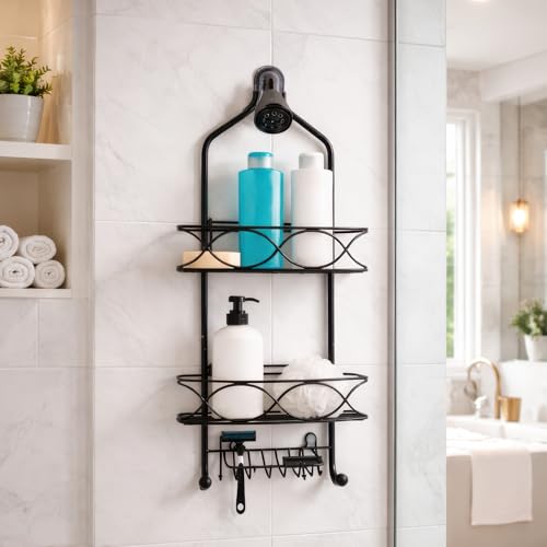 Image of MIORAH Hanging Shower Caddy for Bathroom Aluminium | Bathroom Organiser Without Drill | Bathroom Accessories Storage Organizer Black