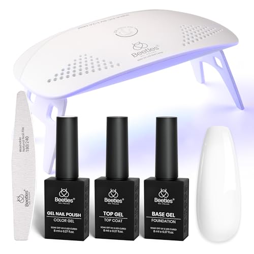 Image of Beetles White Gel Nail Polish Kit with U V Light, 5 Pcs Gel Polish Starter Kit with Base & Top Coat and Nail File for Beginners Soak Off White DIY Art Set Manicure Gifts for Women