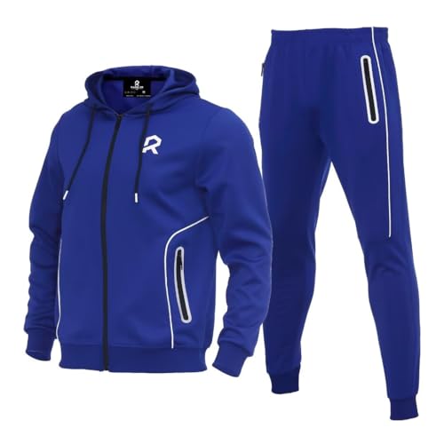 R RAMBLER 1985 fashion sweatsuit set mens tracksuit hoodie outfits Active full zip track jogging suits outdoor workwear sportswear(royal blue,L)