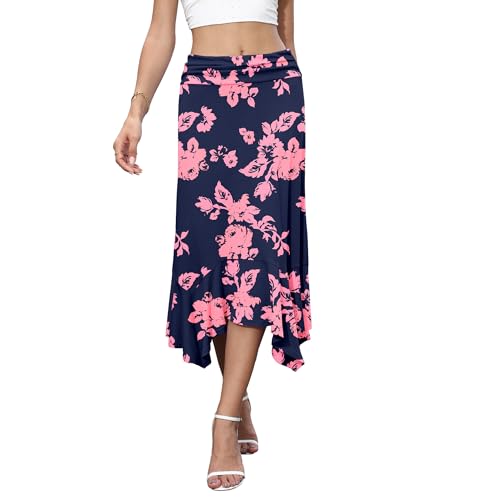 Skirts for Women Summer Flowy Handkerchief Hemline Midi Skirt Casual High Waist Skirts Boho Flora2