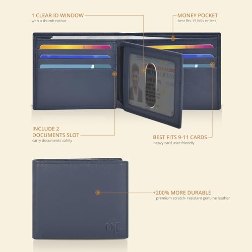 Image of Oak Leathers Leather Wallet for Men - RFID Bifold Wallets with 9 Credit Cards 1 ID Window Slim Minimalist Front Pocket Gift For Men