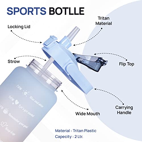 SKYTONE® Water Bottle For Office, Gym, Travel, Sports Leakproof 2 Liter Bottle With BPA-Free Plastic Included Silicone Pipe (Purple) (Blue)