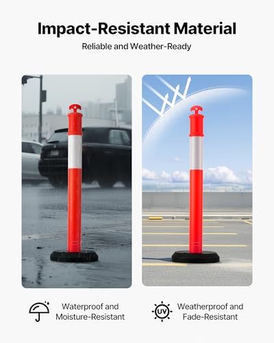 VEVOR 6 Pack Traffic Delineator Posts, 1140 mm Traffic Safety Cones with Fillable Base and Reflective Strips, Heavy Duty Delineator Posts for Construction Site, Parking Lot, Crowd Control, Red