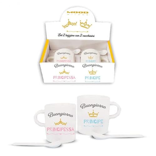 Mood Tazzine Caffè con Cucchiaino Buongiorno Principe e Principessa, Ceramica, Cilindrico, Coppia di Tazze da Caffè, Tazza, Casa, Regalo