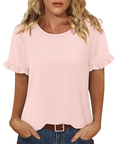 CRAZY GRID Women's Shirts Summer Casual Crewneck Ruffle Short Sleeve Blouses Cute Floral Print Tunic Tops