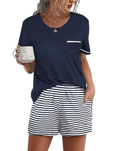 Ekouaer Womens Pajamas Sets Shorts 2 Piece Short Sleeve Lounge Sets Sleepwear Soft Pjs with Pockets