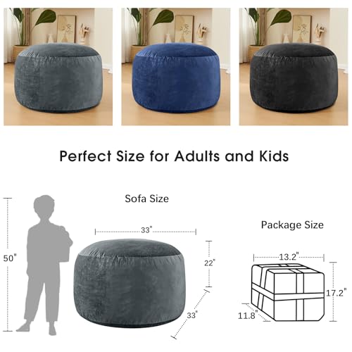 ILPEOD 3 Feet Bean Bag Chair - BeanBag Chairs for Adults, Living Room Furniture Sofa with Soft Micro Fiber Cover, Round Fluffy Couch for Bedroom College Dorm - Grey