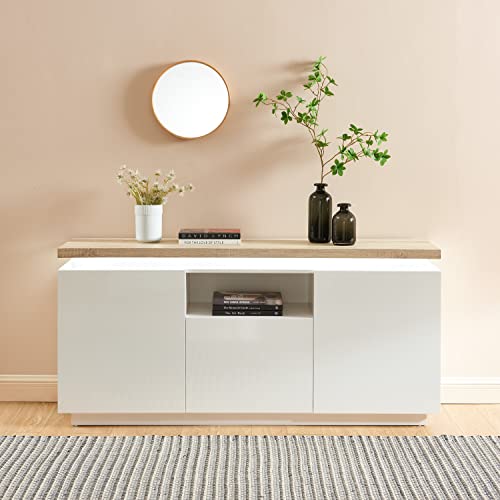 BAÏTA Cosmos Buffet à LED, Blanc et chêne, L160cm