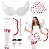 Disfraz de Cupido para Mujer, shallyong Disfraz Angel Mujer, Arco y Flecha de Cupido, Alas de Ángel, Tatuaje Facial, Diadema, Falda de Tul Blanca, Calcetines Blancos Hasta la Rodilla con Lazo Rojo