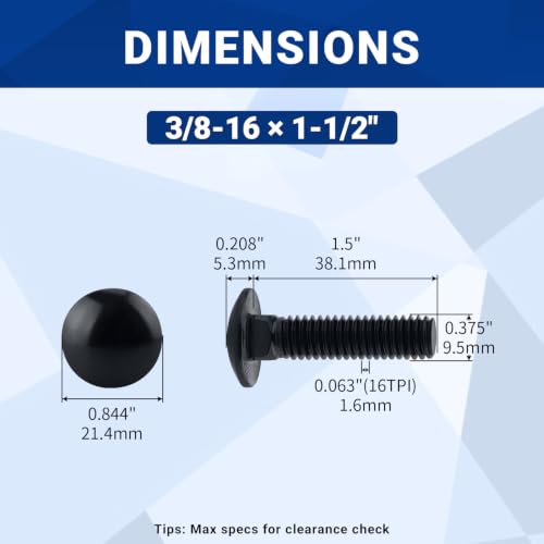Image of 3 /8-16 x 1-1 /2 inch Black Carriage Bolts with Nuts and Washers Kits (10 Sets), 304 Stainless Steel 18 /8, Black Finish, Round Head, Square Neck, Heavy Duty Bolts, Indoor Outdoor Fastening Bolts, Fayeploo