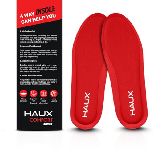 HAUX Comfort+ Memory Foam Insoles for Men | Soft Cushion Shoe Insole for Daily Use, Walking, Running, Sports & All-Day Standing Comfort (Red (Pack of 2), UK-9)