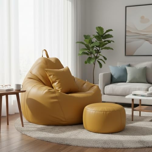 Image of KAM'S LIEU 6XL Premium Leatherette Bean Bag Combo with Footrest & Cushion | Pre-Filled with EPS Beans | Double Stitched | 6 Months Warranty | Yellow