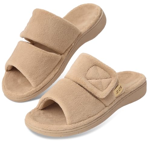 Women's Fuzzy Adjustable Arch Support Slippers Open Toe House Shoes for Orthopedic Plantar Furry House Slide Slippers All Season Beige Black Color US6-US112