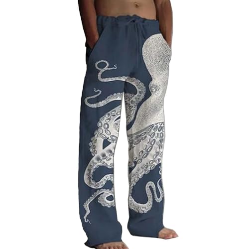 Men's Japanese Art Octopus Graphic Printed Pants Traditional Sashiko Art Linen Blend Casual Octopus Straight Pants