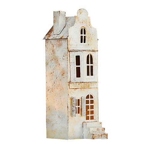 Loberon Windlicht Mirexo Nostalgische Hausform mit Patina-Optik Rustikaler Charme mit Einsatz für Teelichter Kerzenhalter Dekoration Eisen antikweiß