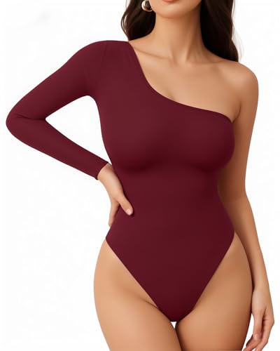 MANGOPOP Women's One Shoulder Bodysuit Sexy Long Sleeve Backless Body Suits Off Shoulder Going Out Tops (Burgundy, Medium)