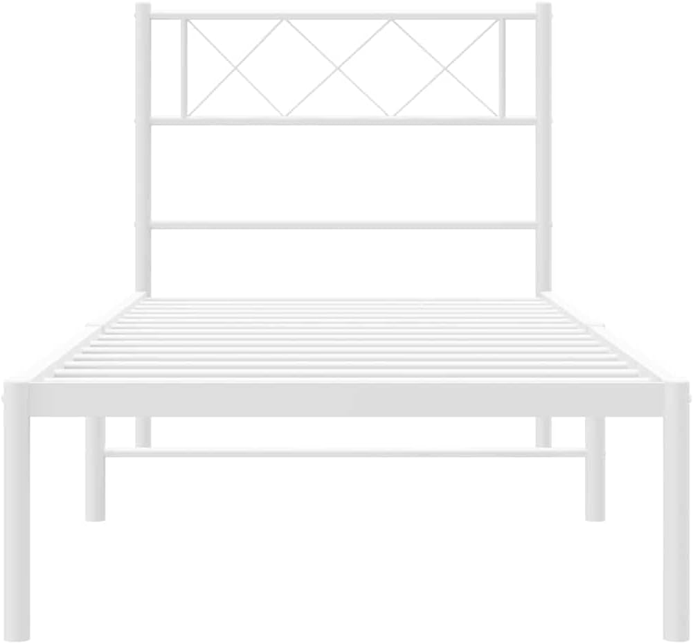 Modern White Metal Bed Frame Twin Size Durable Powder-Coated Steel Platform Foundation with Slatted Sturdy Frame and Headboard for Bedroom Minimalist Furniture