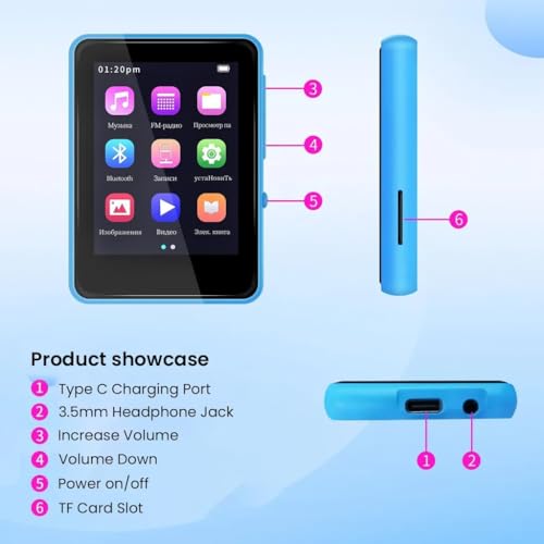 Image of AUDIOCULAR M31 16GB Portable Mp3 Music Player with Bluetooth, 2.4 inch LCD Touch Screen, Video Playback, Built-in Speaker, Voice Recording Function Mini HiFi Lossless Digital Audio Player (16GB - Blue)