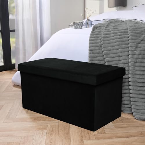OHS Rectangle Ottoman Storage Box Matte Velvet Padded Foldable Bench with Hidden Storage & Lid Upholstered Footrest For Living Room & Bedroom Space Saving Organising Box Black