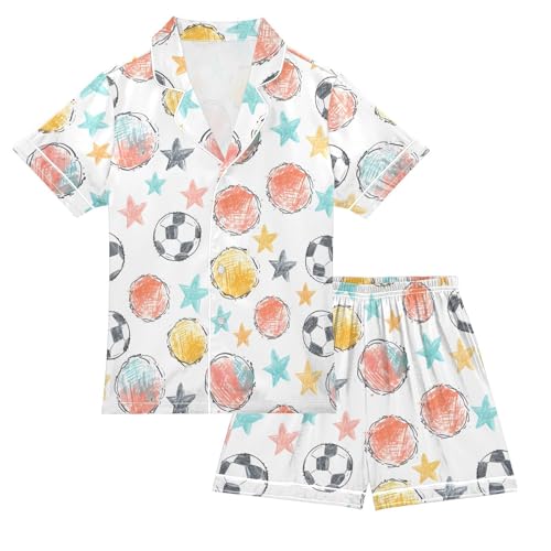 ALAZA Soccer Watercolor Star Satin Pajamas Set Short Sleeve Button Down Sleepwear Summer Pjs 2 Piece