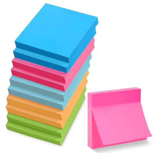10 Blocs Notas Adhesivas, 76 x 76 mm Sticky Notes, 100 Hojas por Bloc, 5 Colores Brillantes, Block de Notas Removible para Oficina, Estudio, Planificación y Hogar