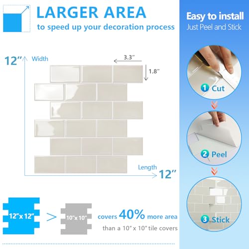 STICKGOO Peel and Stick Backsplash Subway Tiles, 10 Sheets of 12\" x 12\" - 3D Adhesive Peel and Stick Tile Backsplash for Kitchen, Bathroom, Wall Tile (Thicker Design, Light Gray Beige)