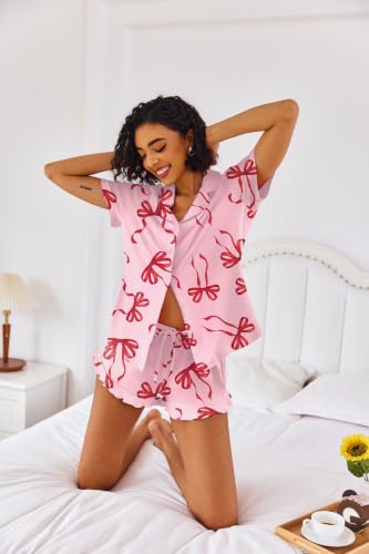 Image of Ekouaer Pajamas Set for Women Short Sleeve Sleepwear Button Down Ruffle Pjs