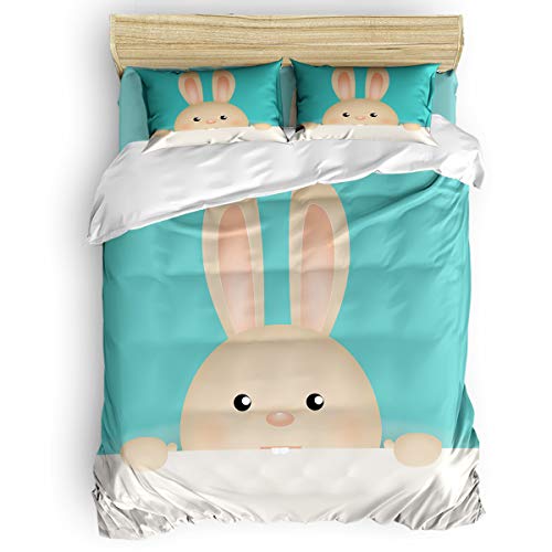 Yogaly Home Bedding Set 4 Pieces Twin Size for Adults/Teens/Children/Baby Easter Bunny Printed Bed Sheets, Duvet Cover, Flat Sheet, Pillow Covers