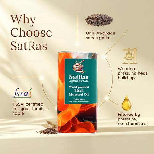 Image of SatRas Wood Pressed Mustard Oil 5 Ltr | Cold Pressed Kachi Ghani Sarso Oil | Wooden Kolhu Extracted Black Mustard Oil | Rich in Omega 3, 6 & Vitamin E, Unrefined, Chemical Free, Pure Indian Edible Oil