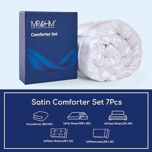 MR&HM Satin Comforter King 7 Pieces - Luxurious Pinch Pleat Bedding Set with Comforter, Flat Sheet, Fitted Sheet, Pillowcases & Shams, Super Silky Soft Bed Set for All Season (King, White)