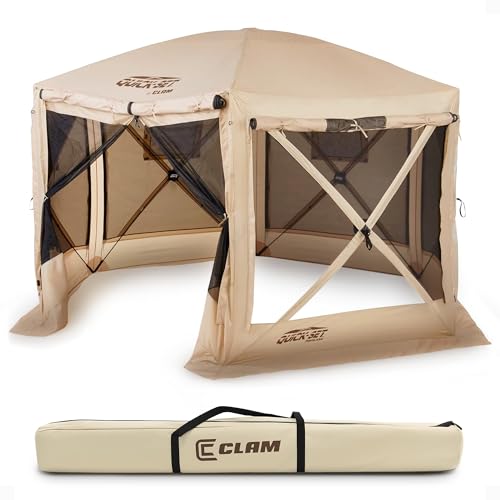 Clam Quick-Set Pavilion Portable Pop-Up Camping Gazebo Tent, 12.5 x 12.5 ft, Tan - 6-Sided Screen...