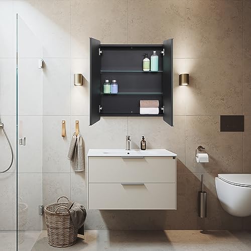 Fundin Schwarzer Aluminium-Badezimmer-Spiegelschrank 60 x 70 cm mit gerahmter Tür und verstellbaren Glasböden, Einbau- oder Aufputzmontage