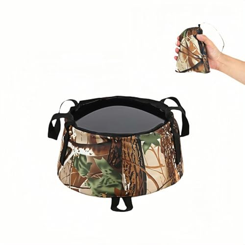 Portable Foldable Sink Bucket for Camping/Basin, Travel - Thickened Leakproof Nylon, Reinforced Handle, Multi-Use (Car, Fishing, Dishes, Wash) Camouflage