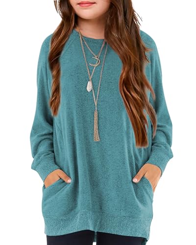 Image of Girls Shirts for 6-13 Years Long Sleeve Crewneck Tops with Pockets