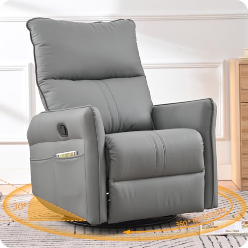 Image of QKFF Swivel Rocker Recliner Chair, Upholstered 360° Fabric Leather Glider Rocker Chair for Adult, Manual Small Recliners for Small Spaces Living Room Weight Capacity 300lbs