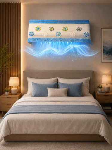 Image of Premium Cotton Net Split AC Cover for 1.5 Ton Indoor Unit | Designer Summer AC Dust Protection Cover | Stylish Protective AC Cover | 38 x 15.35 x 7.8 In | Blue Net