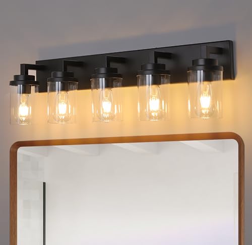 Image of MELUCEE 5-Light Black Bathroom Light Fixtures with Clear Glass Shade, Black Vanity Lights Industrial Wall Mount Light for Bathroom Mirror, Powder Room Bedroom