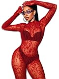 EHSUYAB Women Sexy Fishnet Full Bodysuit, Mesh Lace Poster Jumpsuit Glow Party Rave Outfits, Body Stockings Halloween Costume Red