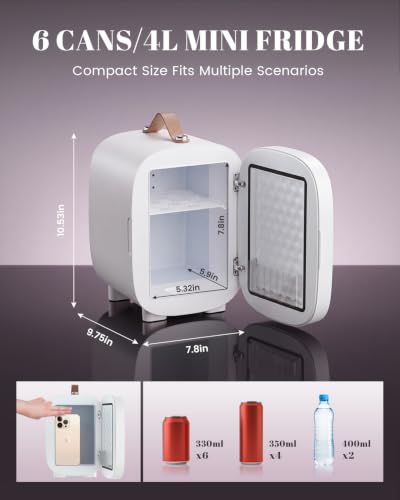 Image of Mini Fridge for Bedroom, 4 Liter /6 Can Skincare Fridge With LED Mirror & Leather Carrying Handle, AC /DC Cooler & Warmer Portable Small Refrigerator for Drinks, Makeup, Dorm, Office and Car(White)