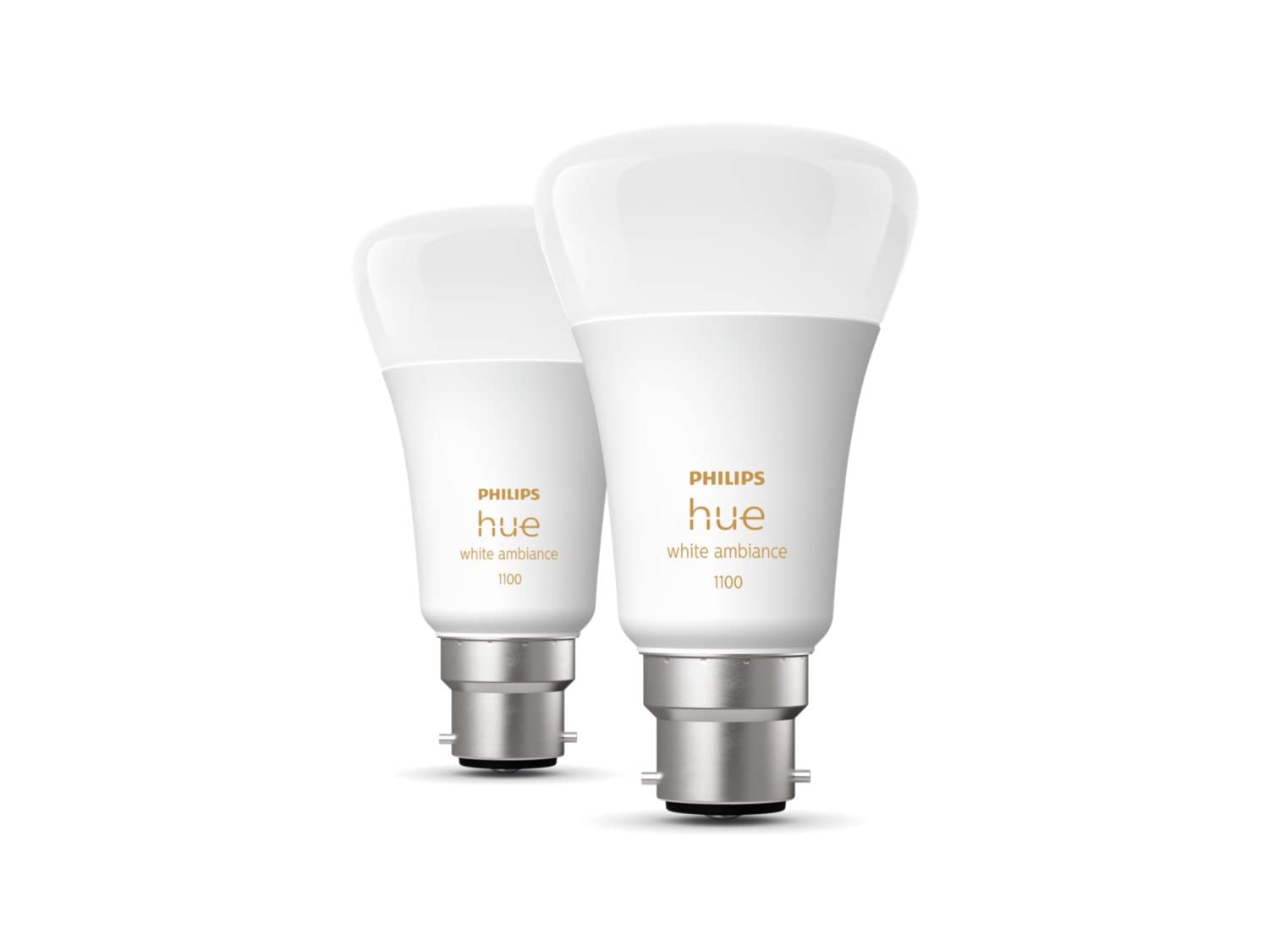 Philips Hue - Paquete de 2 bombillas LED inteligentes de color blanco [Bayonet Cap B22] - 1100 lúmenes (equivalente a 75 W) Funciona con Alexa, Asistente de Google, Apple Homekit. | 75 W, Smart Home, control por voz y por aplicación, compatible con Alexa