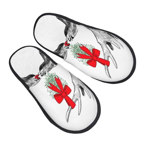 Moose Kissing Under Mistletoe Print Women Slippers Home Furry Shoes Keep Men Couples Shoes Warm For Women-2