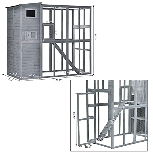 PawHut Large Pine Wooden Outdoor Cat House Enclosure Catio with Large Run, Kitten Cage with Weatherproof Roof - 77" L, Grey - Image 4