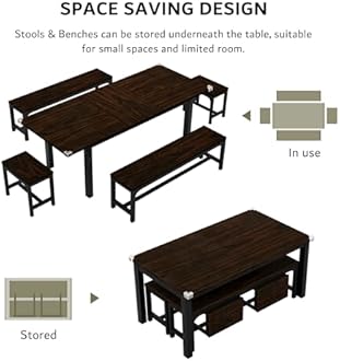 iPormis 5-Piece Dining Table Set for 4-8 People, Extendable Kitchen Table Set with 2 Benches and 2 Square Stools, Mid-Century Dining Room Table with Metal Frame & MDF Board, Saving Space, Espresso