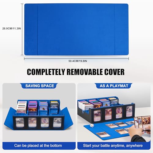 Image of Trading Card Storage Box with Commander Display , 4-Row Deck Case with Removable Lid; 2400+ Card Deck Box for MTG TCG Sports Card, 4 Top Loaders, 4 Stoppers, 24 Dividers,1 Dice Bag (Black Blue)